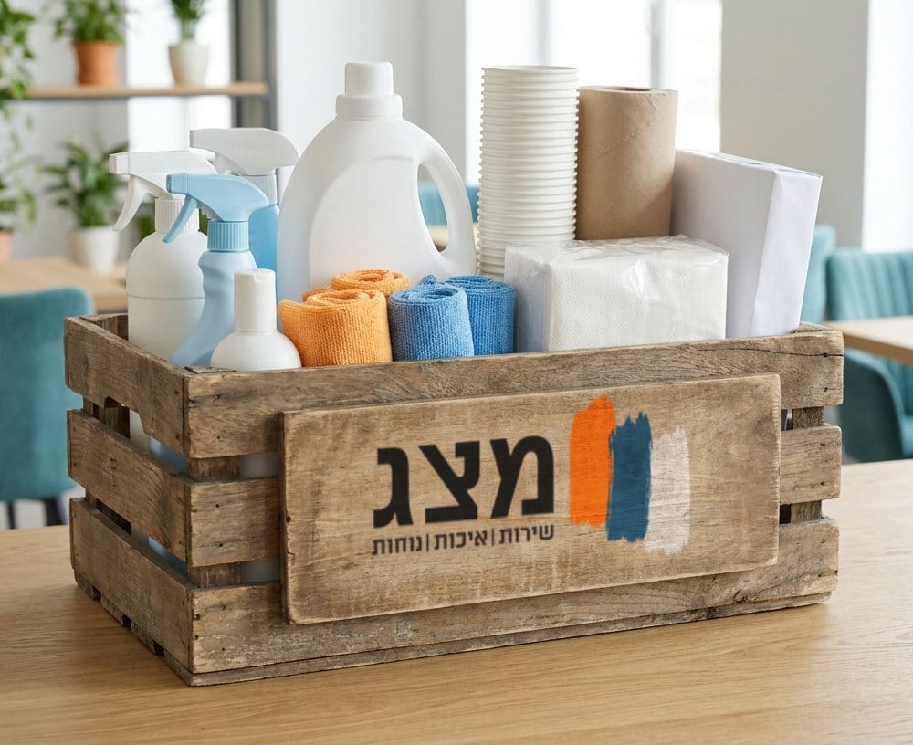 ארגז אספקה ממותג של מ.צ.ג עם מוצרי ניקיון, חד־פעמי וציוד משרדי